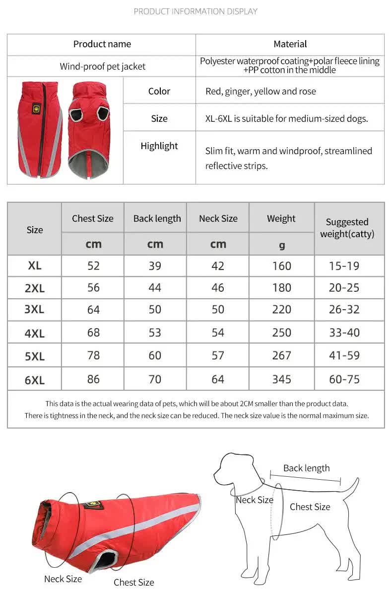 Size 6XL Pink Reflective Winter Dog Jacket - Warm & Waterproof Outdoor Coat for Large Breeds