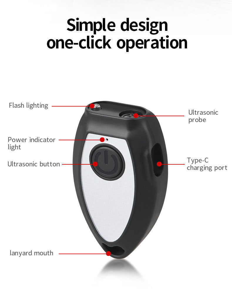 Black Portable Ultrasonic Dog Repeller & Trainer - Anti-Barking Device with LED Flashlight, USB-C Rechargeable